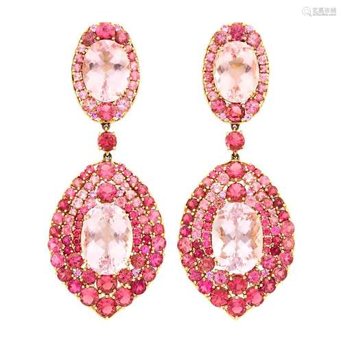 Pair of Gold, Morganite and Multicolor Pink Tourmaline Penda...