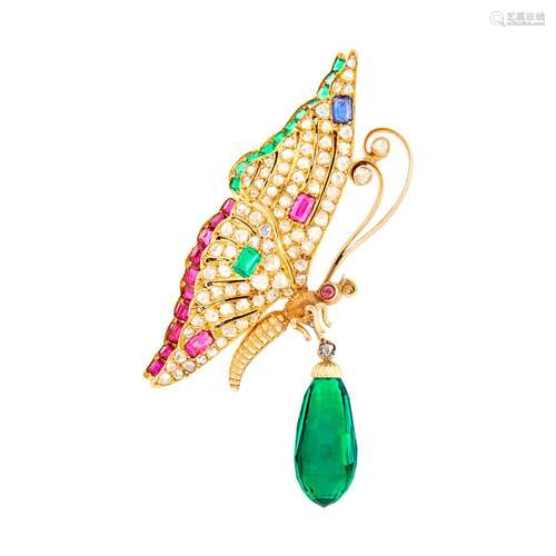 Antique Gold, Gem-Set, Diamond and Emerald Briolette Butterf...