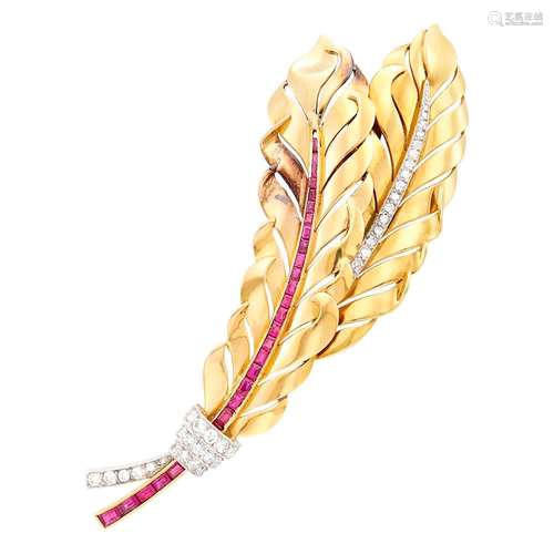 Boucheron Paris Gold, Platinum, Ruby and Diamond Feather Cli...