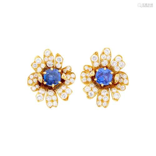 Tiffany & Co. Pair of Gold, Sapphire and Diamond Flower Earc...