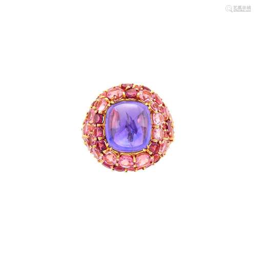 Gold, Cabochon Purple Sapphire and Pink Tourmaline Ring