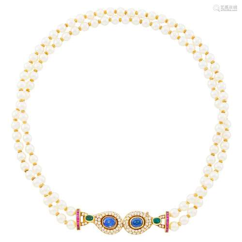 Cartier Double Strand Cultured Pearl, Gold, Gem-Set and Diam...