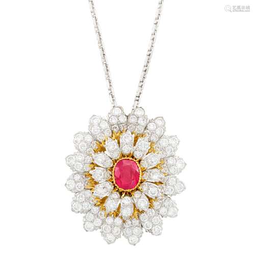 Buccellati Two-Color Gold Ruby and Diamond Clip-Brooch Penda...