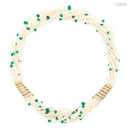 Cartier Multistrand Cultured Pearl, Emerald Bead, Gold and D...