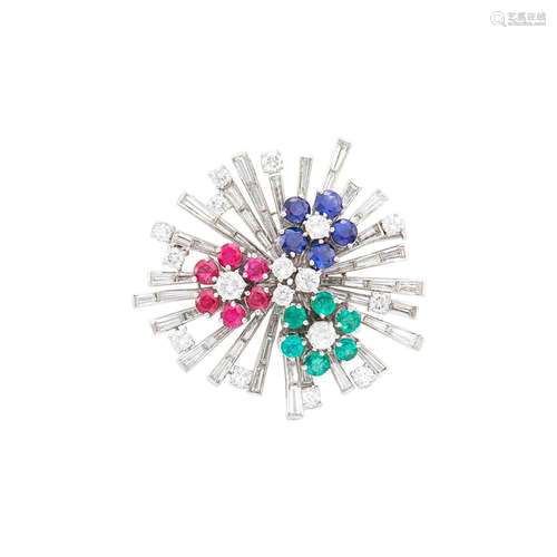 Platinum, Diamond, Ruby, Emerald and Sapphire Brooch