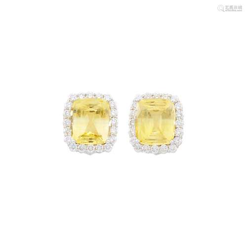 Pair of White Gold, Yellow Sapphire and Diamond Earclips