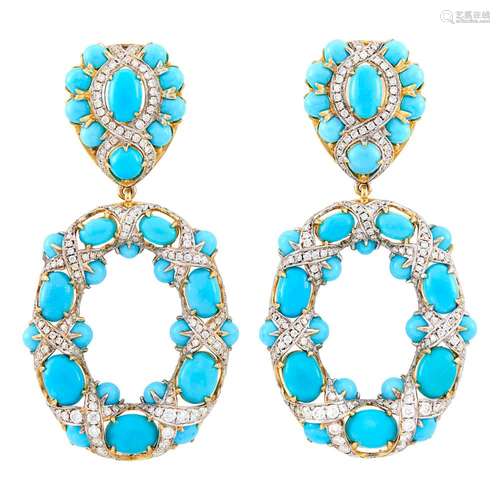 Pair of Two-Color Gold, Turquoise and Diamond Hoop Pendant-E...