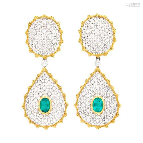 Mario Buccellati Pair of Two-Color Gold, Emerald and Diamond...