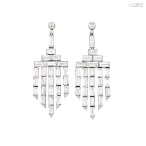 Pair of Platinum and Diamond Pendant-Earrings