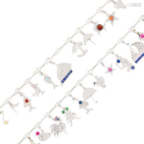 Two Platinum, Diamond and Gem-Set Charm Bracelets