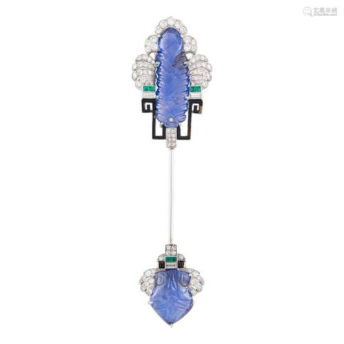 Platinum, Carved Sapphire, Diamond, Emerald and Enamel Jabot