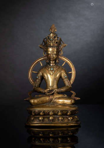 Feine Bronze des Amithaba auf einem Lotosthron mit Silber- u...