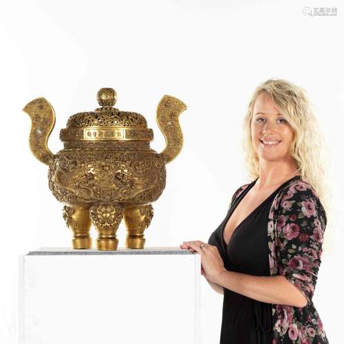 MASSIVE QIANLONG GILT BRONZE TRIPOD CENSER