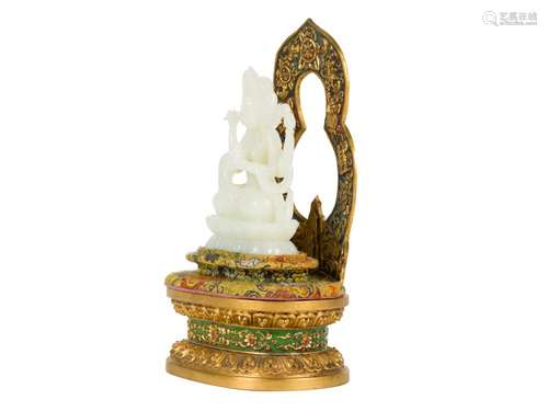 JADE GUANYIN ON GILT BRONZETHRONE & AUREOLE