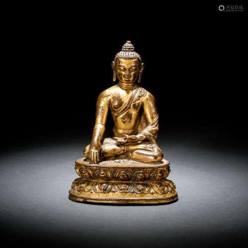 Feuervergoldete Bronze des sitzenden Buddha auf einem Lotos