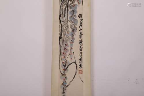 QI BAISHI SIGNED WISTERIA CHINESE TRADITIONAL PAINTING SCROL...