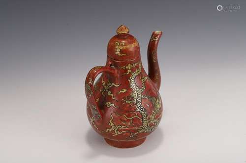 YELLOW DRAGON ON CARMINE-RED LIDDED WINE POT