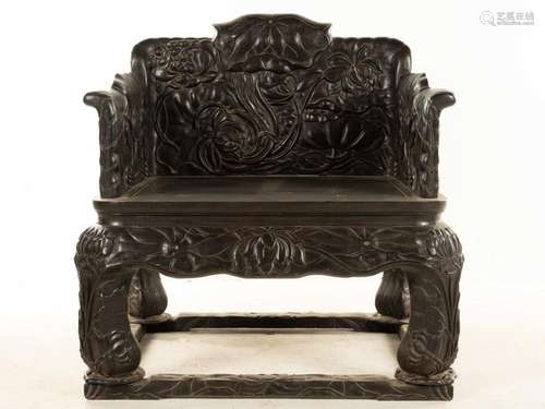 ANTIQUE ZITAN CARVED LOTUS RELIEFS THRONE CHAIR