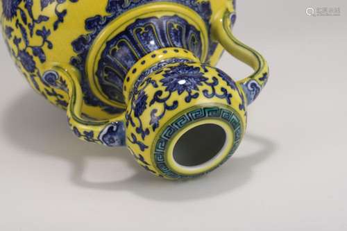 BLUE WRAPPED FLORAL ON YELLOW AMPHORA GARLIC VASE