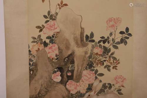 LU XIAOMAN SIGNED RABBIT & FLORAL BLOOMS CHINESE TRADITIONAL...