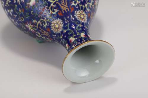 QING BLUE GROUND FAMILLE ROSE LOTUS YUHUCHUN VASE