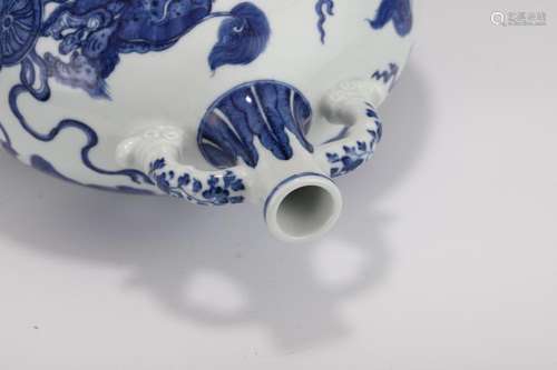 QING BLUE & WHITE FU DOGS MOON FLASK