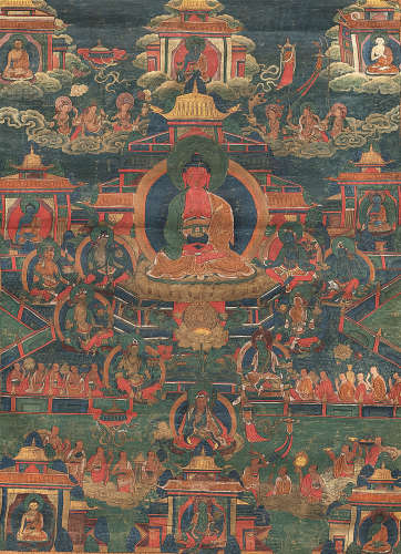 Thangka des Buddha Amithaba mit Brokatmontierung