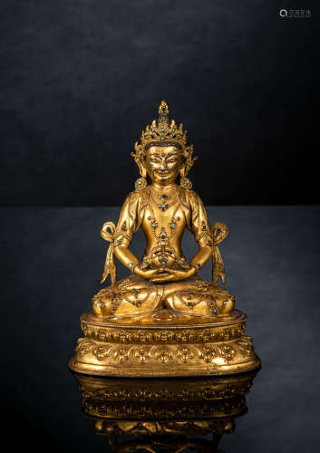Feine und seltene feuervergoldete Bronze des Amitayus, Sonam...