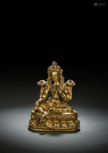 Feuervergoldete Bronze der grünen Tara auf einem Lotos mit S...