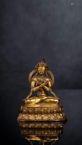 Feuervergoldete Bronze der Vajradhara auf einem Lotos mit St...