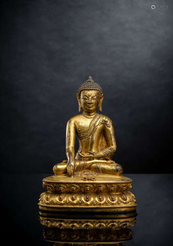 Feuervergoldete Bronze des Buddha Akshobya auf einem Lotos