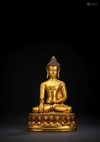 Feuervergoldete Bronze des Buddha Akshobhya auf einem Lotos