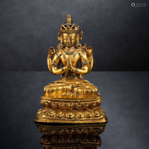 Feuervergoldete Bronze des Sadaksharilokeshvara auf einem Lo...