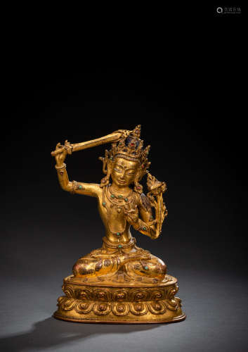 Feine feuervergoldete Bronze des Manjushri, Sonam Gyaltsen z...