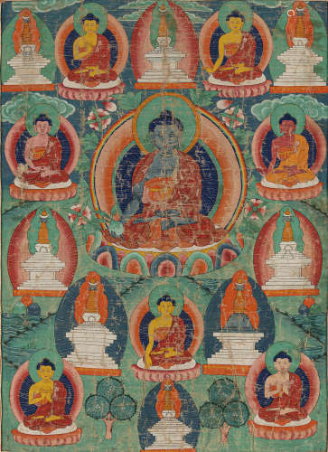 Thangka mit Darstellung der acht Buddhas der Medizin umgeben...