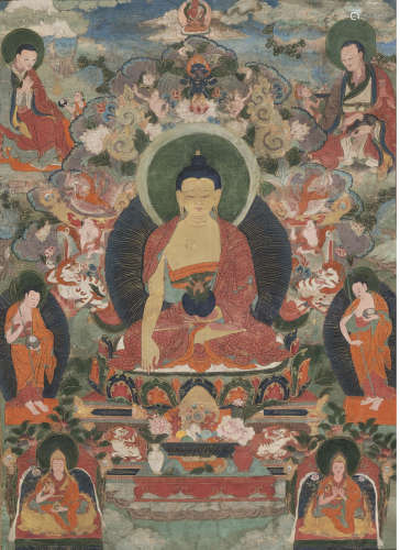 Thangka mit Darstellung des Buddha Shakyamuni flankiert von ...