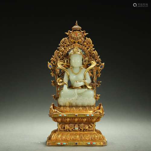 QING DYNASTY,GOLD-INLAID JADE BUDDHA STATUE,PARCEL-GILT SILV...