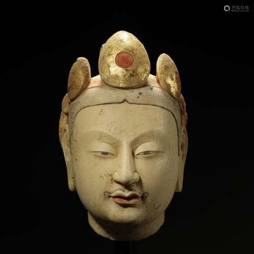 WESTERN WEI DYNASTY,MARBLE CARVED BUDDHA HEAD AND PAINTED