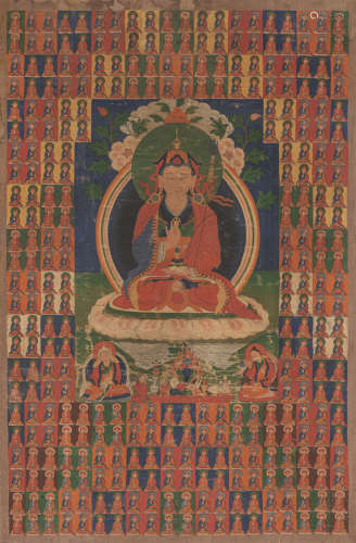 Thangka mit zentraler Darstellung des Padmasambhava unter Gl...