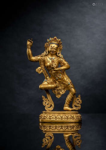 Feine feuervergoldete Bronze der Sarvabuddhadakini auf einem...