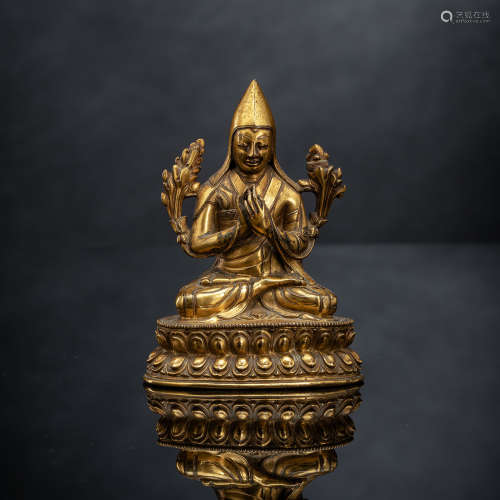 Feuervergoldete Bronze des Tsongkhaka auf einem Lotos