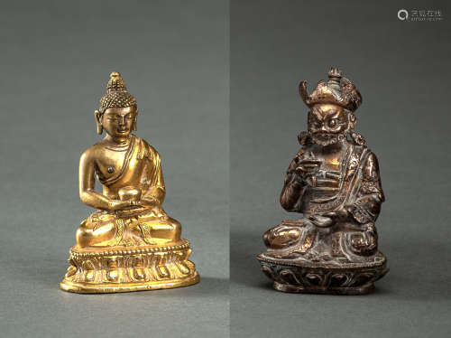 Feuervergoldete Miniatur-Bronze des Buddha Shakyamuni und Mi...