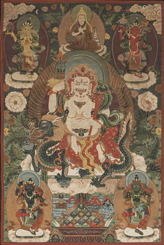 Thangka des Sita Jambhala auf dem Drachen reitend mit Seiden...