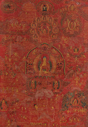 Rotgrundige Thangka mit zentraler Darstellung des Buddha Sha...