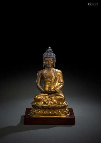 Partiell feuervergoldete Bronze des Buddha Shakyamuni auf ei...
