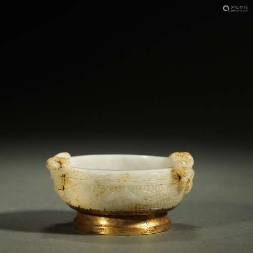 ANCIENT CHINESE,WHITE JADE CARVED DRAGON BRUSH WASHER