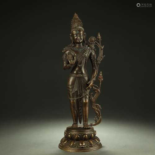 OLD TIBETAN,SILVER-INLAID BRONZE BUDDHA STATUE,ABOUT 8th-12t...