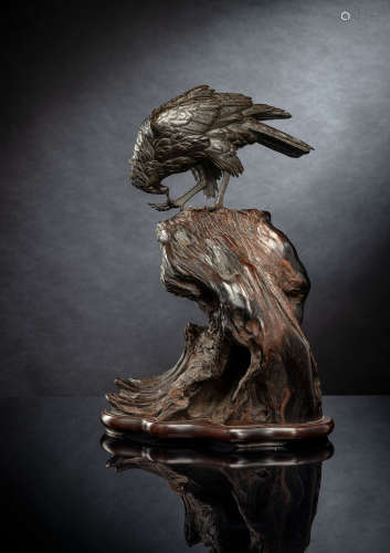 Feine Bronze eines Adlers auf einem Wurzelholzstand