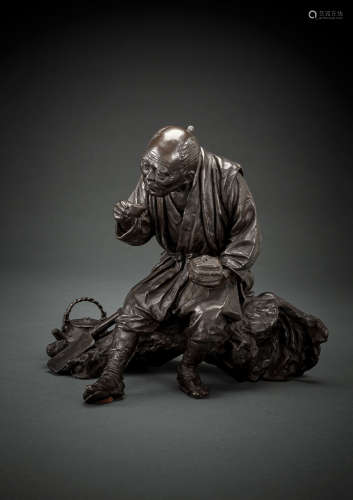 Feine Bronze eines sitzenden Bauern von Udagawa Kazuo