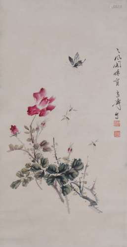 A Chinese Butterfly And Flowers Painting Scroll, Wang Xuetao...